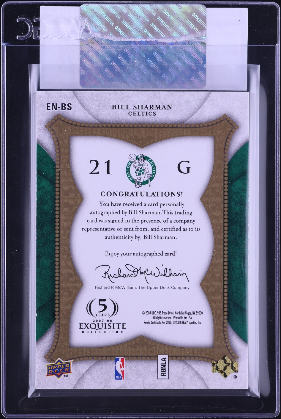 2007 Exquisite Collection Enshrinements Bill Sharman AUTO /25 #EN-BS CGC AUTH