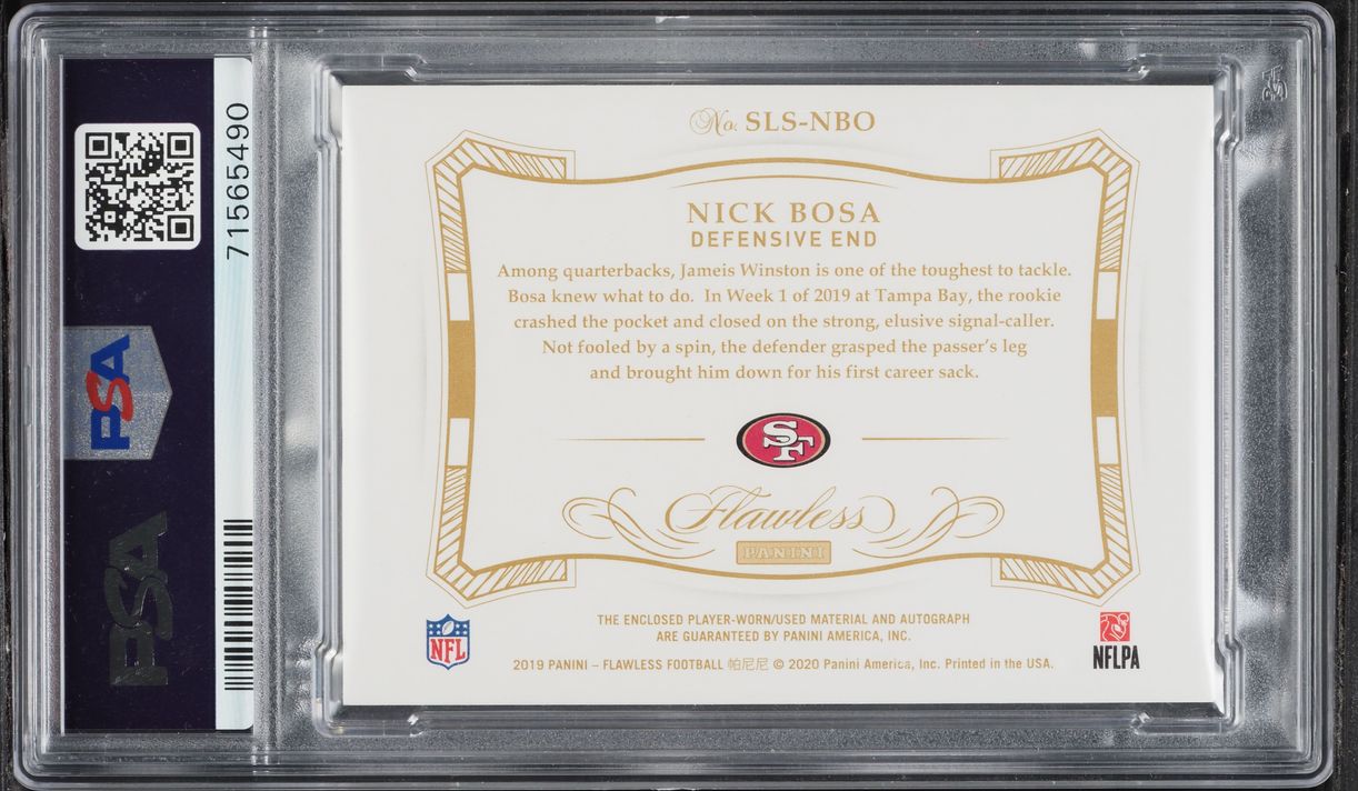 2019 Panini Flawless Symbolic Nick Bosa ROOKIE NIKE PATCH AUTO 1/1 #SLS-NBO PSA 9 MINT