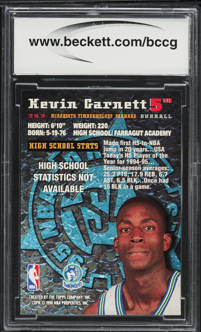 1995 Stadium Club Basketball Kevin Garnett ROOKIE #343 BCCG 10
