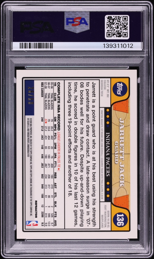 2008 Topps Chrome Gold Refractor Jarrett Jack /50 #136 PSA 10 GEM MINT