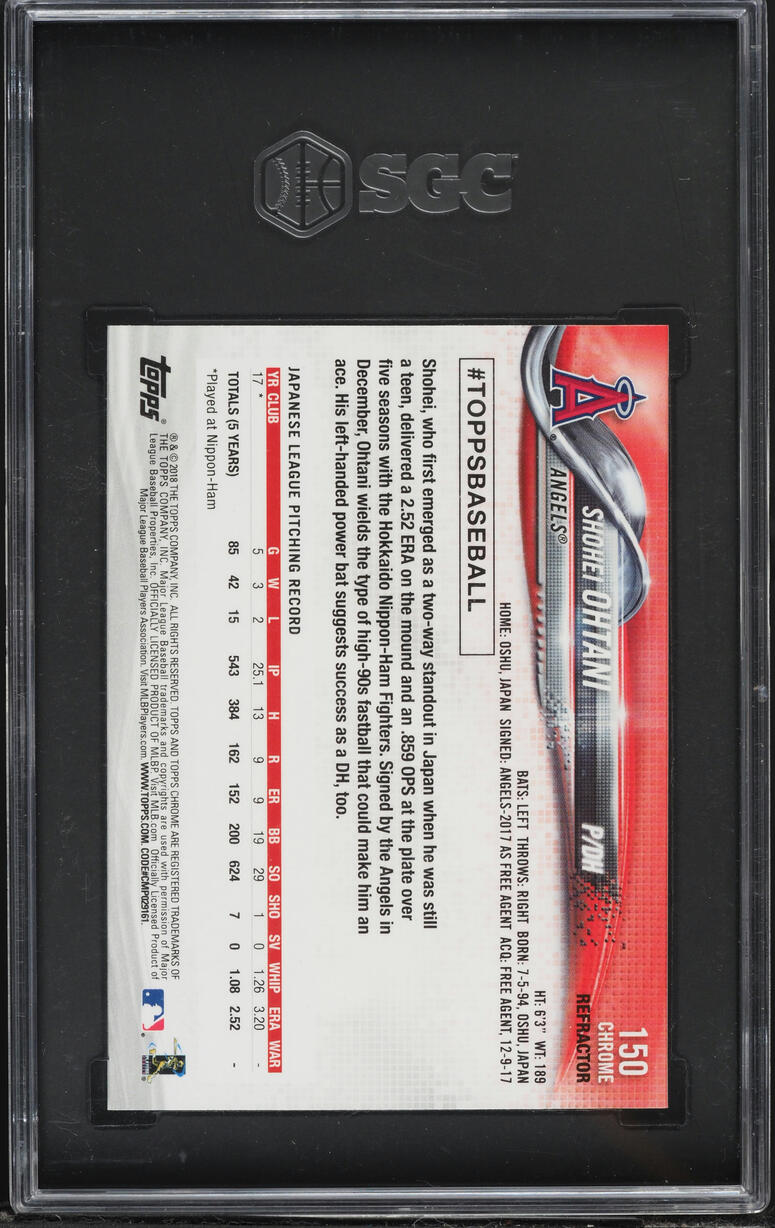 2018 Topps Chrome Refractor Shohei Ohtani ROOKIE #150 SGC 10 GEM MINT