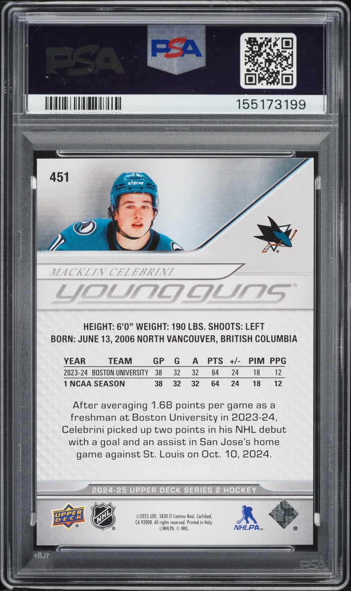 2024 Upper Deck Young Guns Macklin Celebrini ROOKIE #451 PSA 10 GEM MINT
