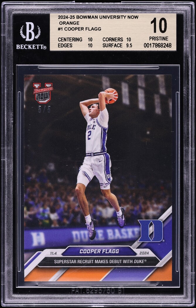 2024 Bowman University Now Orange Cooper Flagg ROOKIE 5/5 #1 BGS 10 PRISTINE