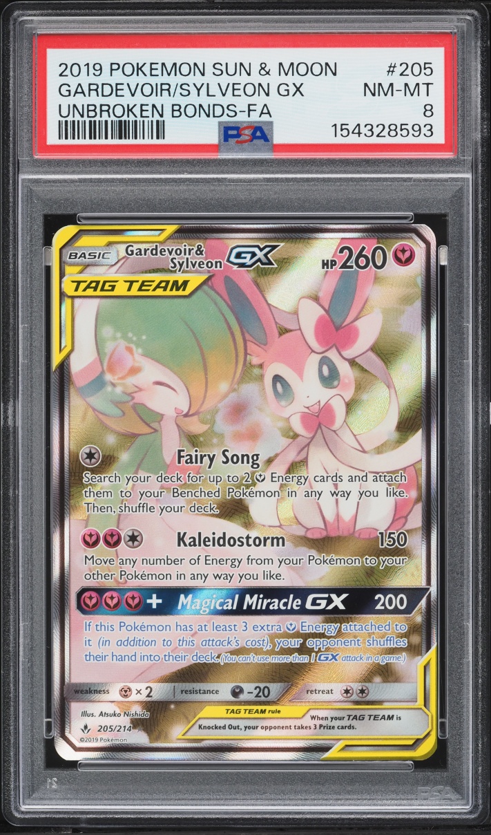 2019 Pokemon Sun & Moon Unbroken Bonds Alt Art Gardevoir & Sylveon GX #205 PSA 8 NM-MT