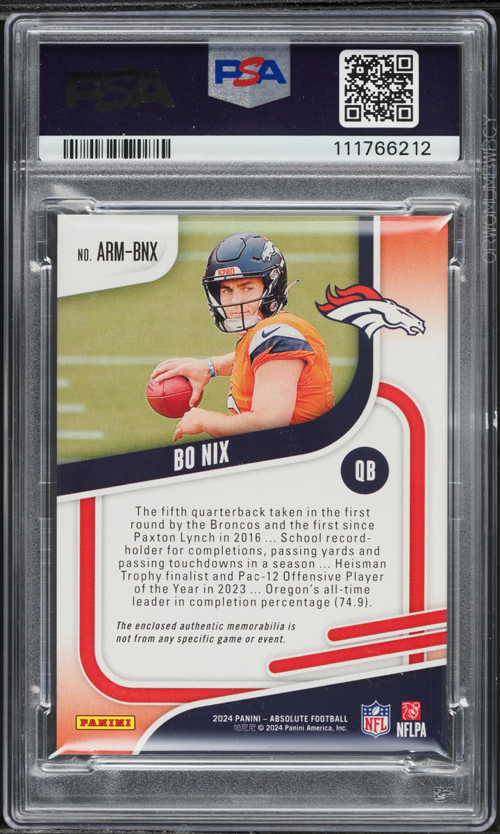 2024 Absolute Football Bo Nix ROOKIE PATCH #ARM-BNX PSA 9 MINT