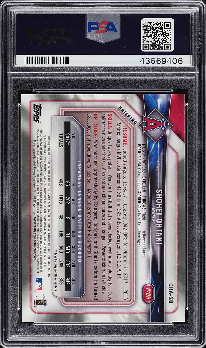 2018 Bowman Chrome Blue Refractor Shohei Ohtani ROOKIE RC '10' AUTO /150 PSA 10