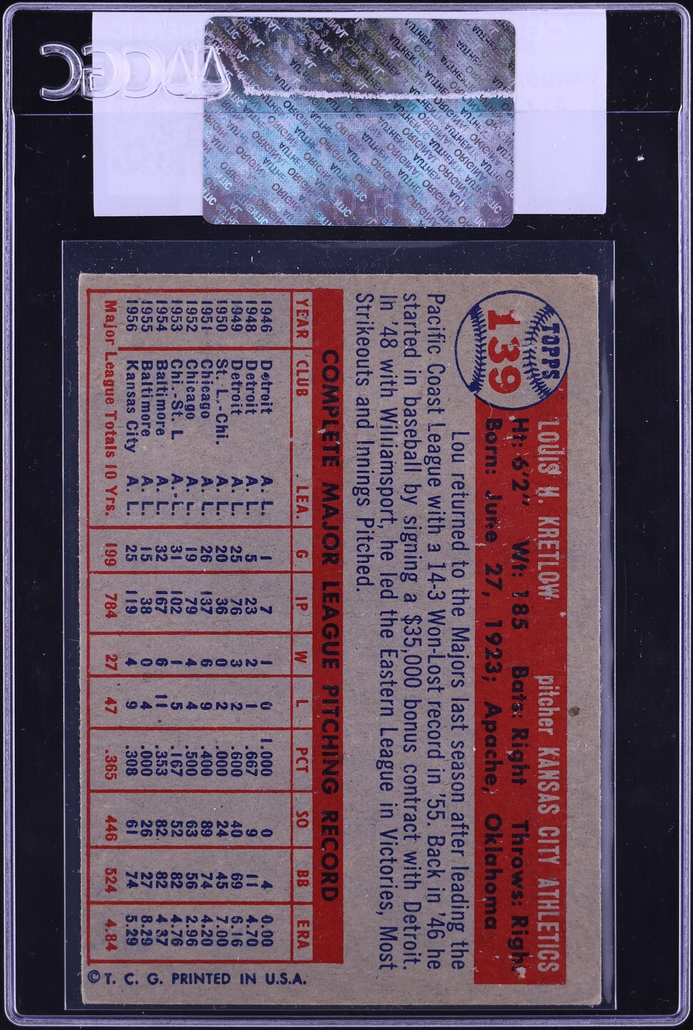 1957 Topps Lou Kretlow #139 CGC AUTH