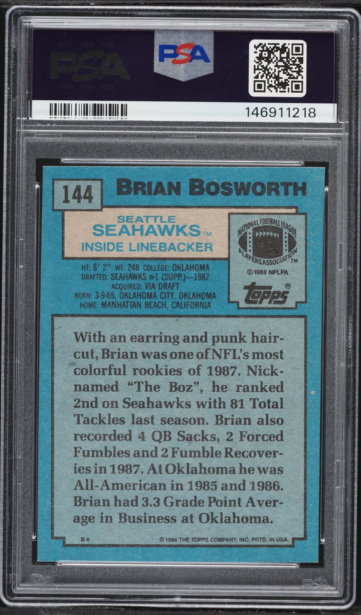 1988 Topps Football Brian Bosworth ROOKIE #144 PSA 8 NM-MT