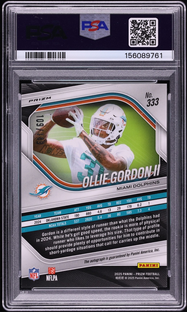 2025 Panini Prizm Red Wave Ollie Gordon II ROOKIE AUTO /149 #333 PSA 9 MINT