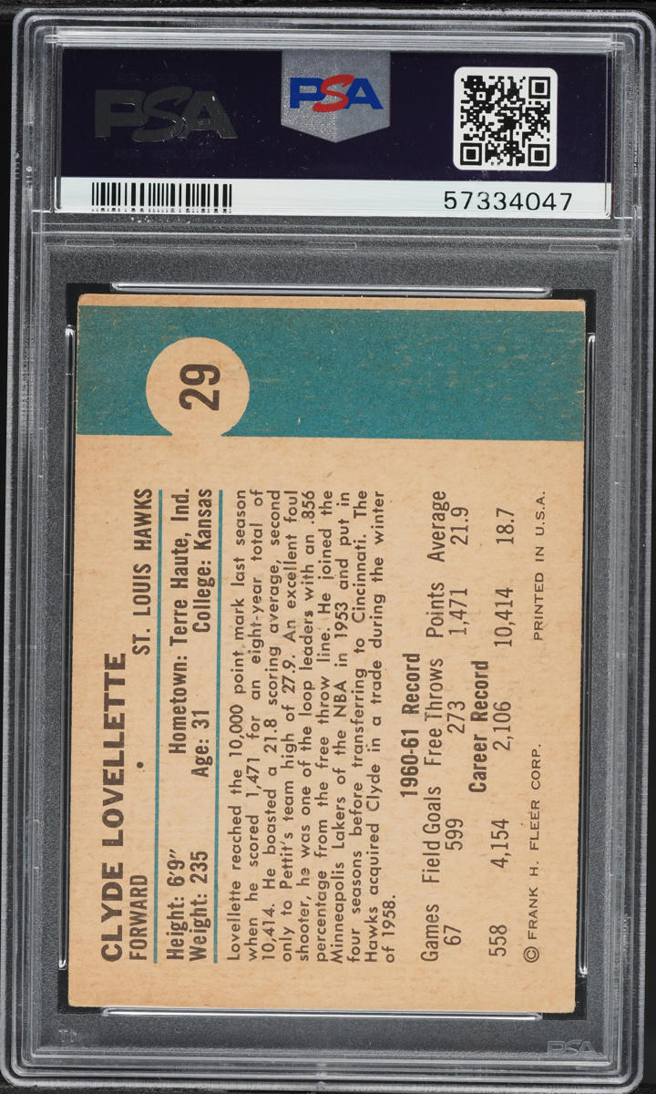 1961 Fleer Basketball Clyde Lovellette #29 PSA 3 VG