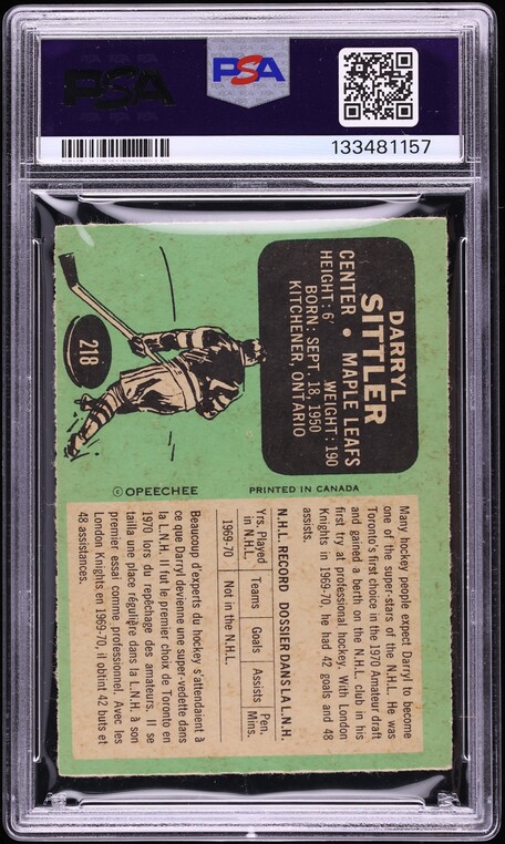 1970 O-Pee-Chee Hockey Darryl Sittler ROOKIE #218 PSA 5 EX
