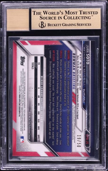 2016 Bowman Chrome Gold Refractor Juan Soto PROSPECT AUTO /50 #CPA-JS BGS 9.5 GEM MINT