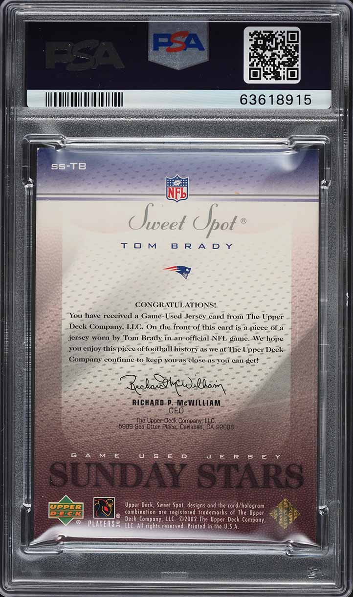 2002 Upper Deck Sweet Spot Sunday Stars Tom Brady PATCH /250 #SS-TB PSA 7 NRMT