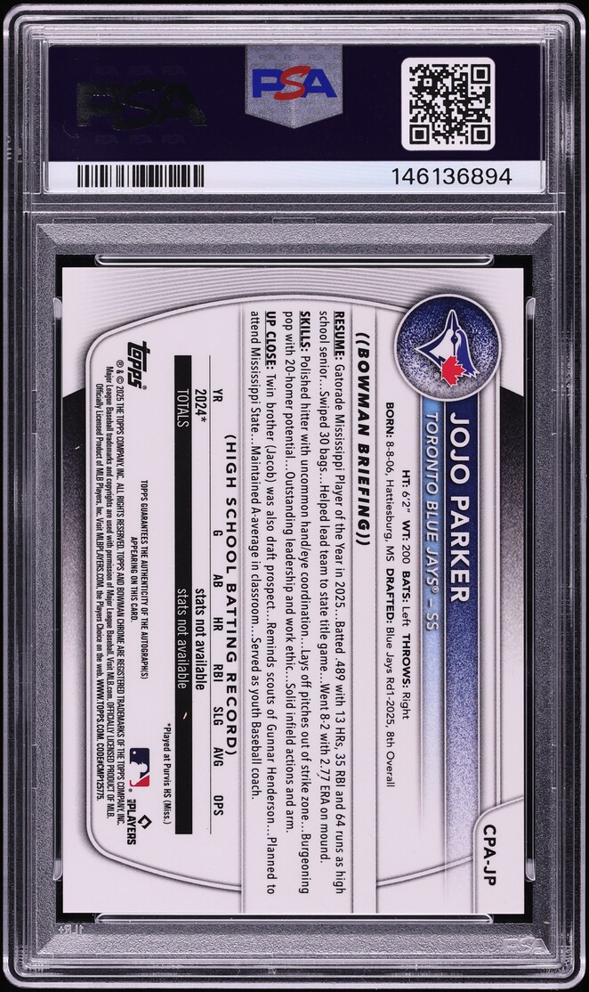 2025 Bowman Chrome Draft Red Refractor Jojo Parker PROSPECT AUTO /5 #CPA-JP PSA 10 GEM MINT