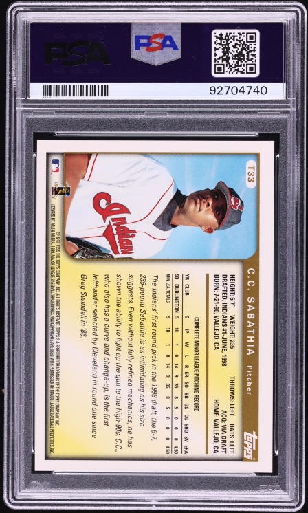 1999 Topps Traded Certified C.C. Sabathia ROOKIE AUTO DNA 10 #T33 PSA AUTH