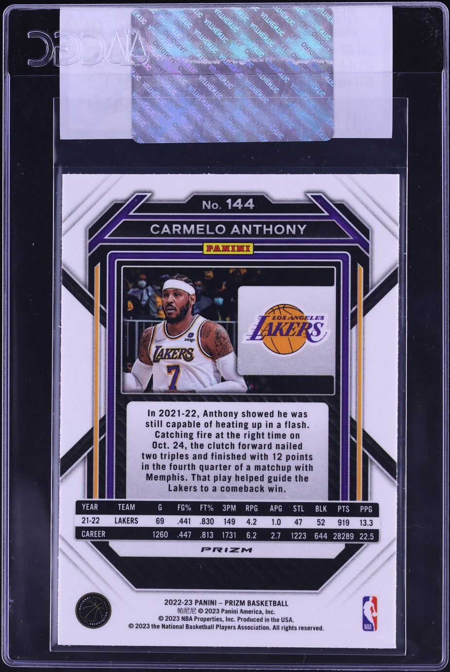 2022 Panini Prizm Silver Carmelo Anthony #144 CGC AUTH