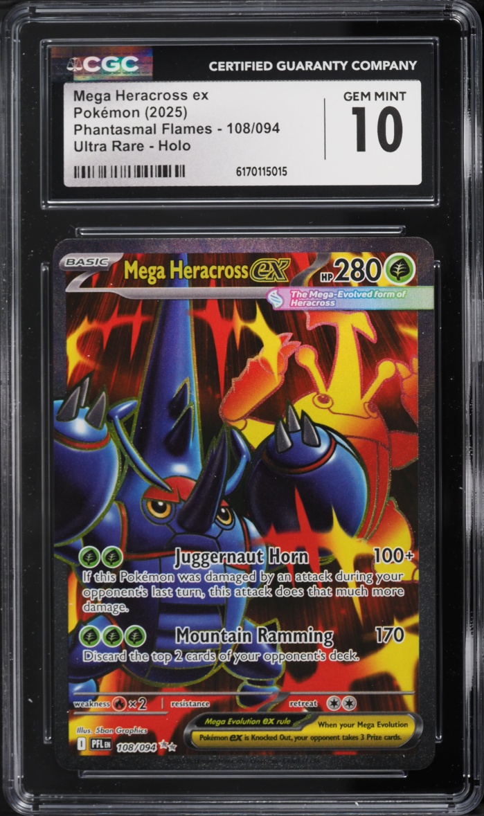 2025 Pokemon Mega Evolution Phantasmal Flames Full Art Mega Heracross ex #108 CGC 10 GEM MINT