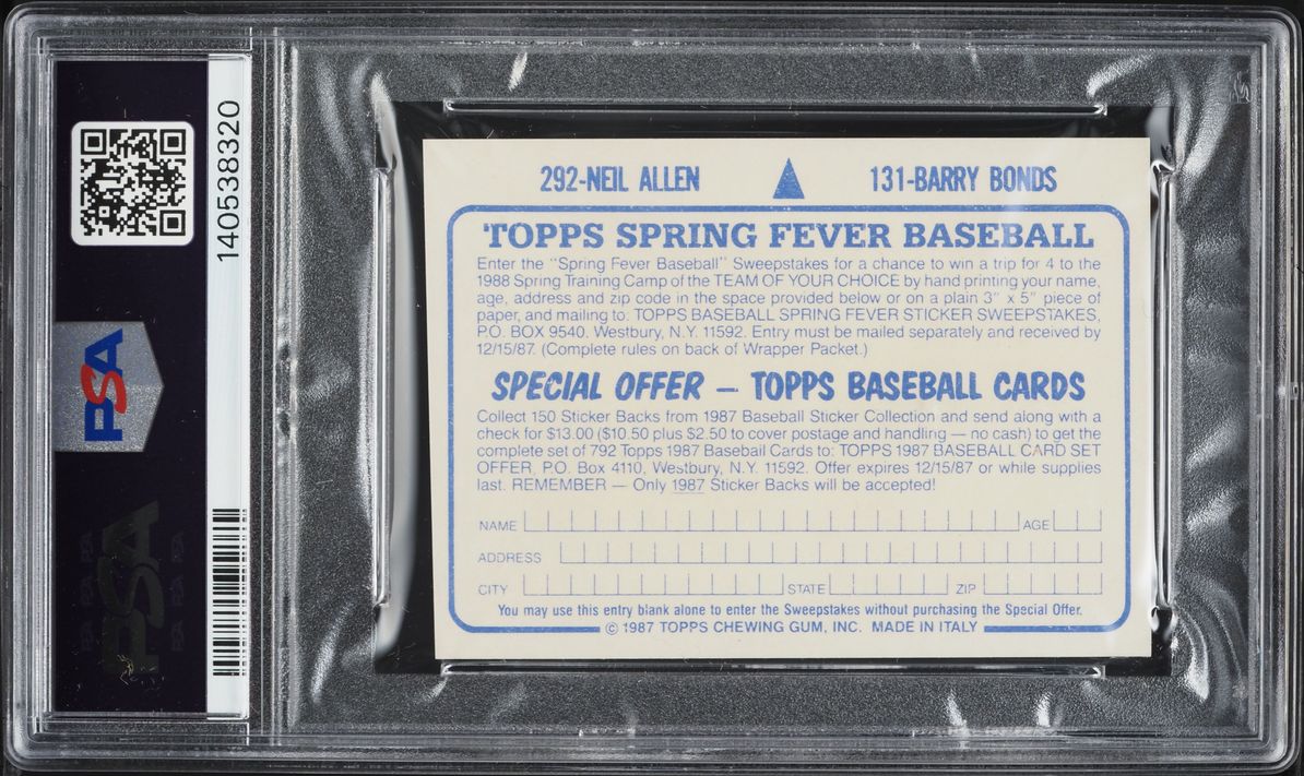 1987 Topps Stickers Barry Bonds & Neil Allen ROOKIE #131 #292 PSA 5 EX