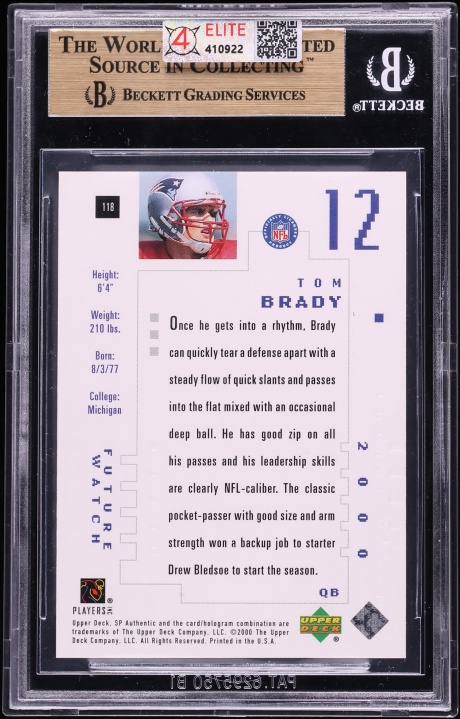 2000 SP Authentic Tom Brady ROOKIE /1250 #118 BGS 9.5 GEM MINT