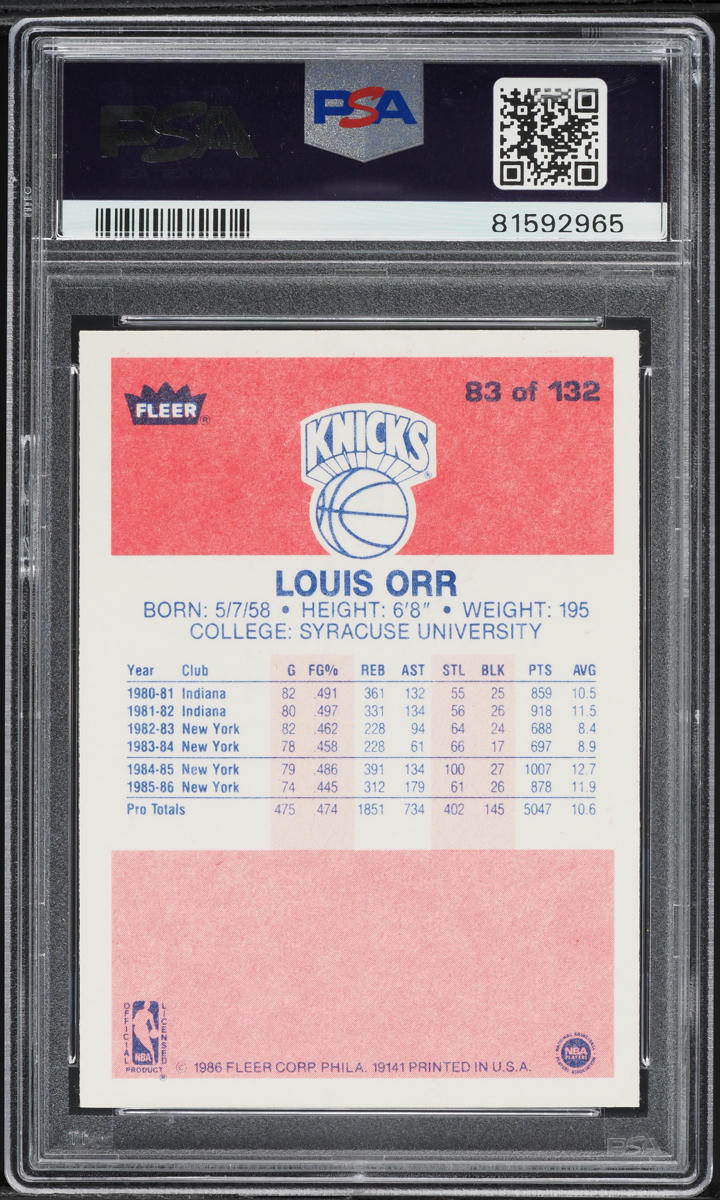 1986 Fleer Basketball Louis Orr #83 PSA 10 GEM MINT
