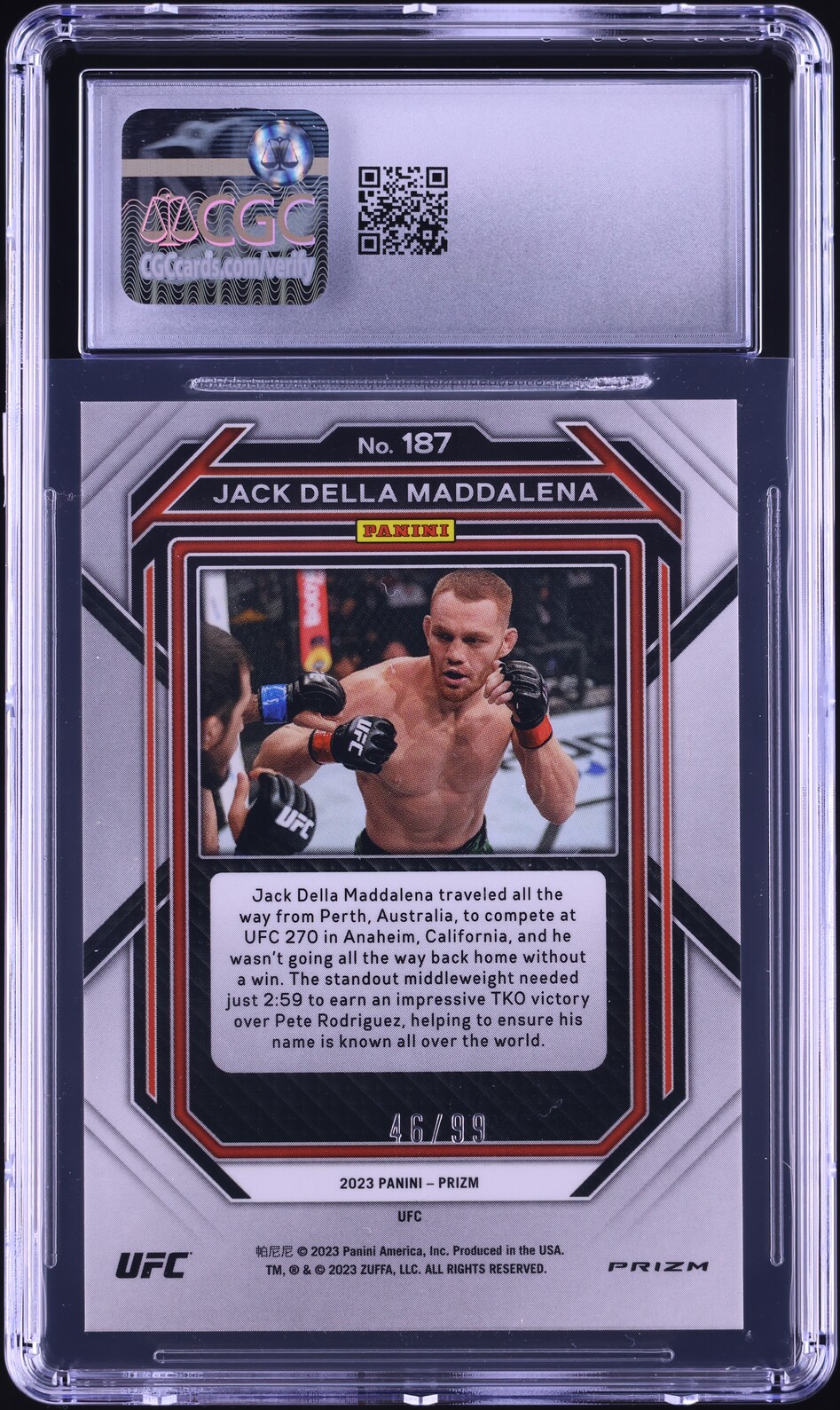 2023 Panini Prizm UFC Under Card Red Jack Della Maddalena ROOKIE /99 #187 CGC 9