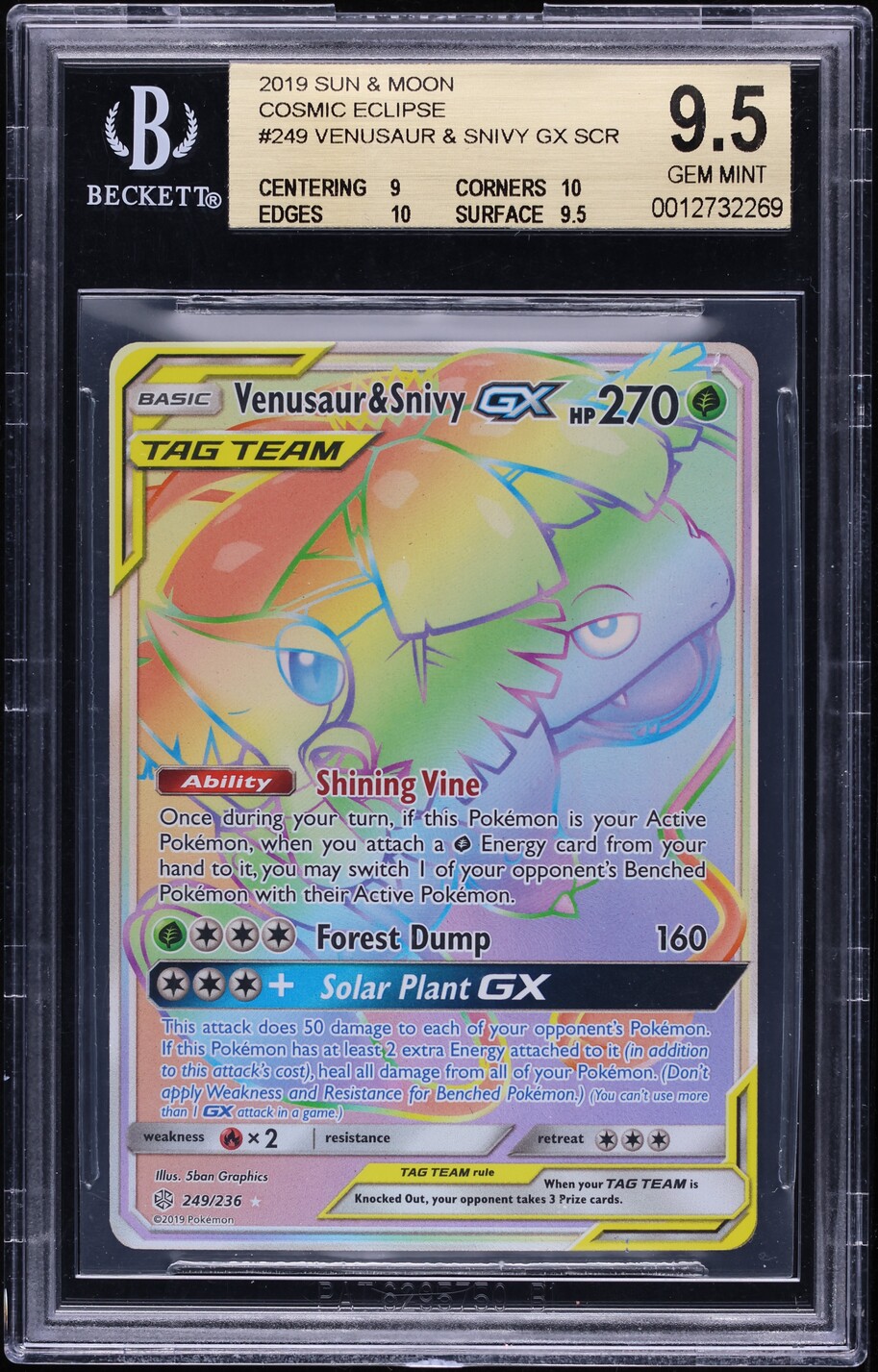 2019 Pokemon SM Cosmic Eclipse Rainbow Rare Venusaur & Snivy GX #249 BGS 9.5 GEM