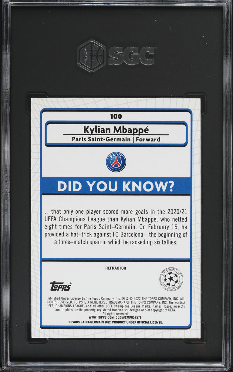 2021 Topps Chrome Merlin UEFA Refractor Kylian Mbappe #100 SGC 10 GEM MINT