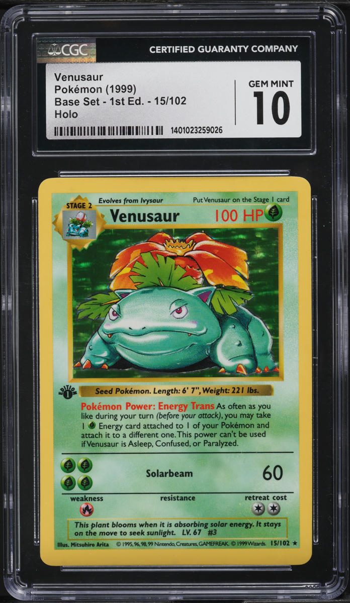 1999 Pokemon Base Set Shadowless 1st Edition Holo Venusaur #15 CGC 10 GEM MINT