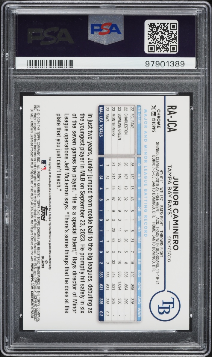 2024 Topps Chrome Junior Caminero ROOKIE AUTO #RA-JCA PSA 10 GEM MINT