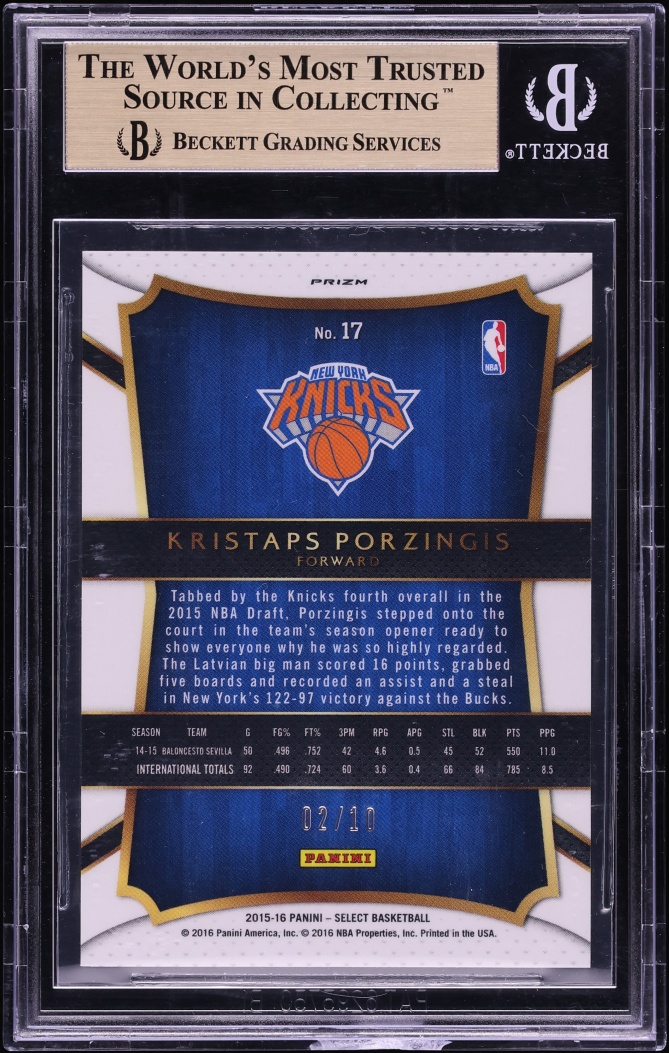 2015 Select Prizm Gold Kristaps Porzingis ROOKIE /10 #17 BGS 9.5 GEM MINT