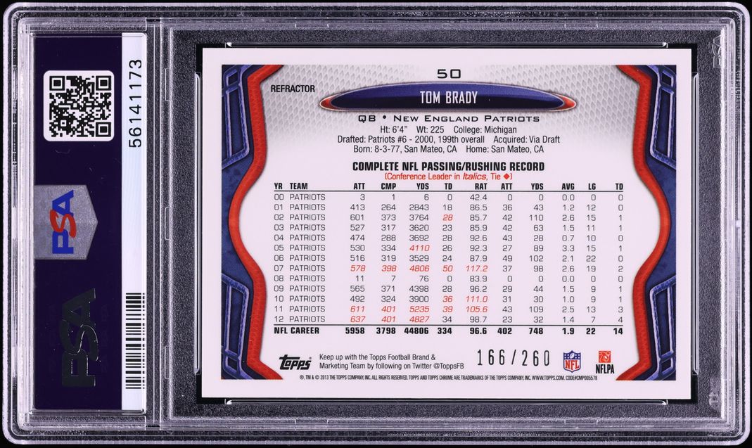 2013 Topps Chrome Prism Refractor Tom Brady /260 #50 PSA 10 GEM MINT
