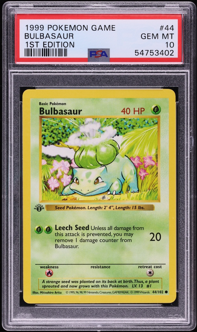 1999 Pokemon Base Set Shadowless 1st Edition Bulbasaur #44 PSA 10 GEM MINT