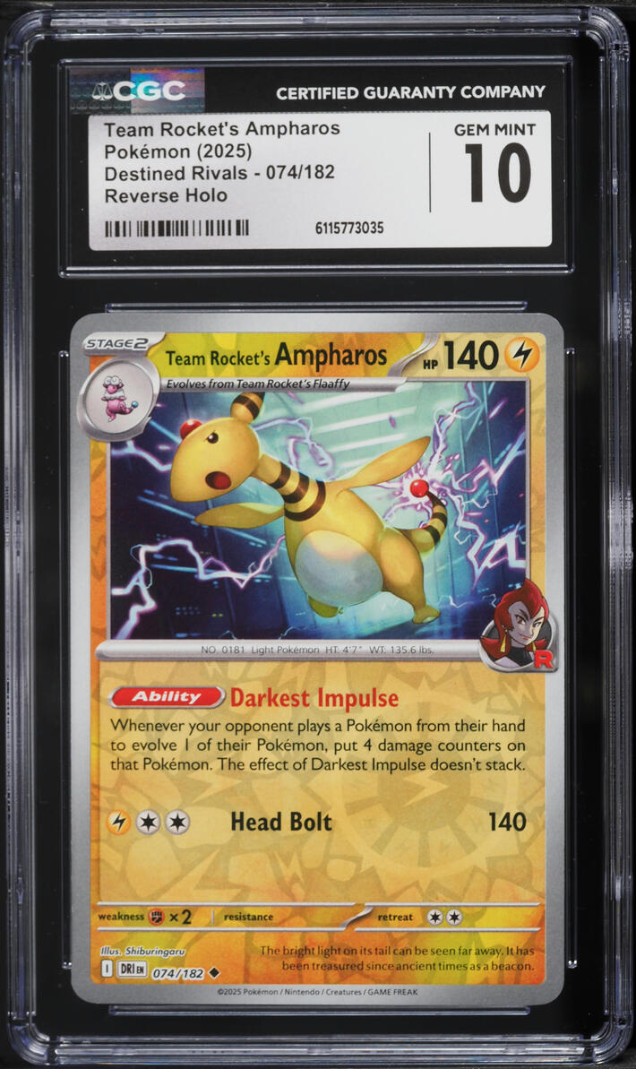 2025 Pokemon SV Destined Rivals Reverse Holo Team Rocket's Ampharos #74 CGC 10 GEM MINT