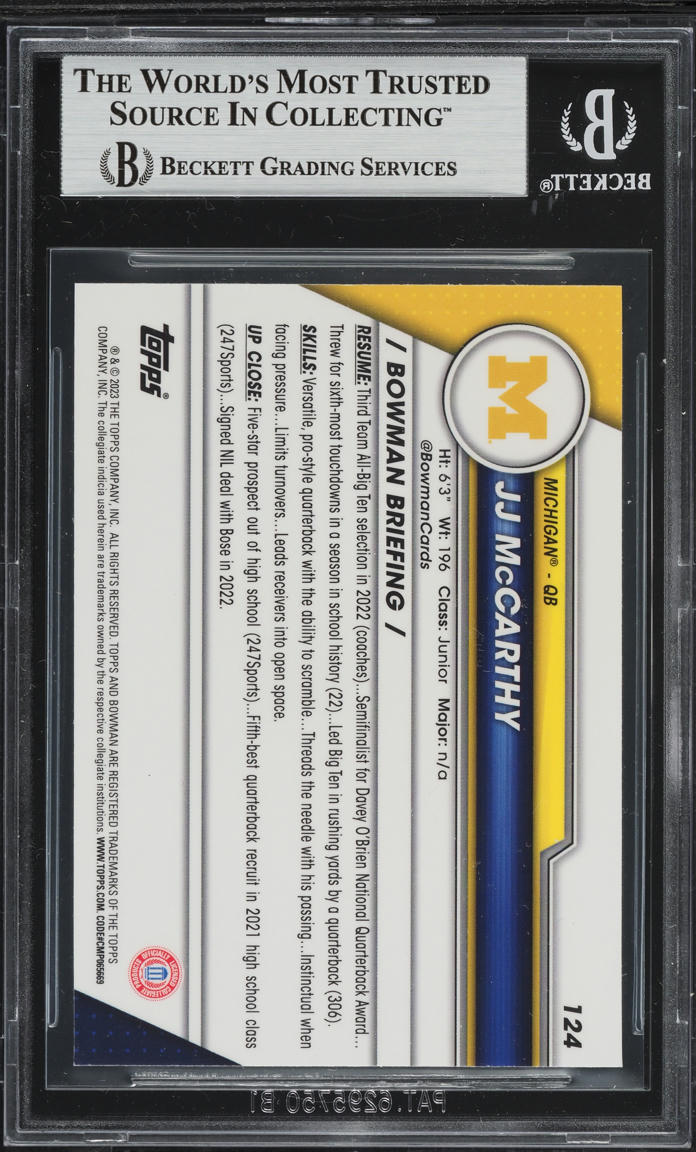 2023 Bowman Chrome University JJ McCarthy ROOKIE #124 BGS 8.5 NM-MT+