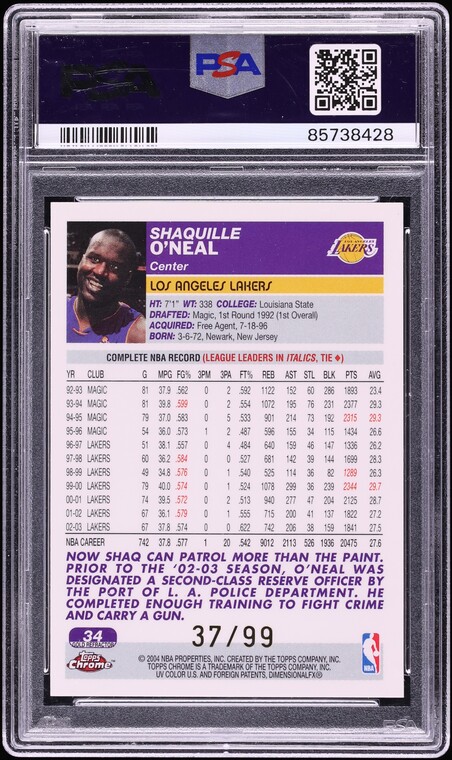 2003 Topps Chrome Gold Refractor Shaquille O'Neal /99 #34 PSA 9