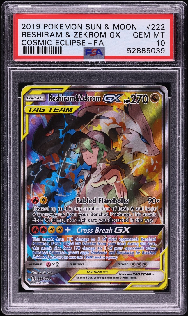 2019 Pokemon Sun & Moon Cosmic Eclipse Alt Art Reshiram & Zekrom GX #222 PSA 10 GEM MINT