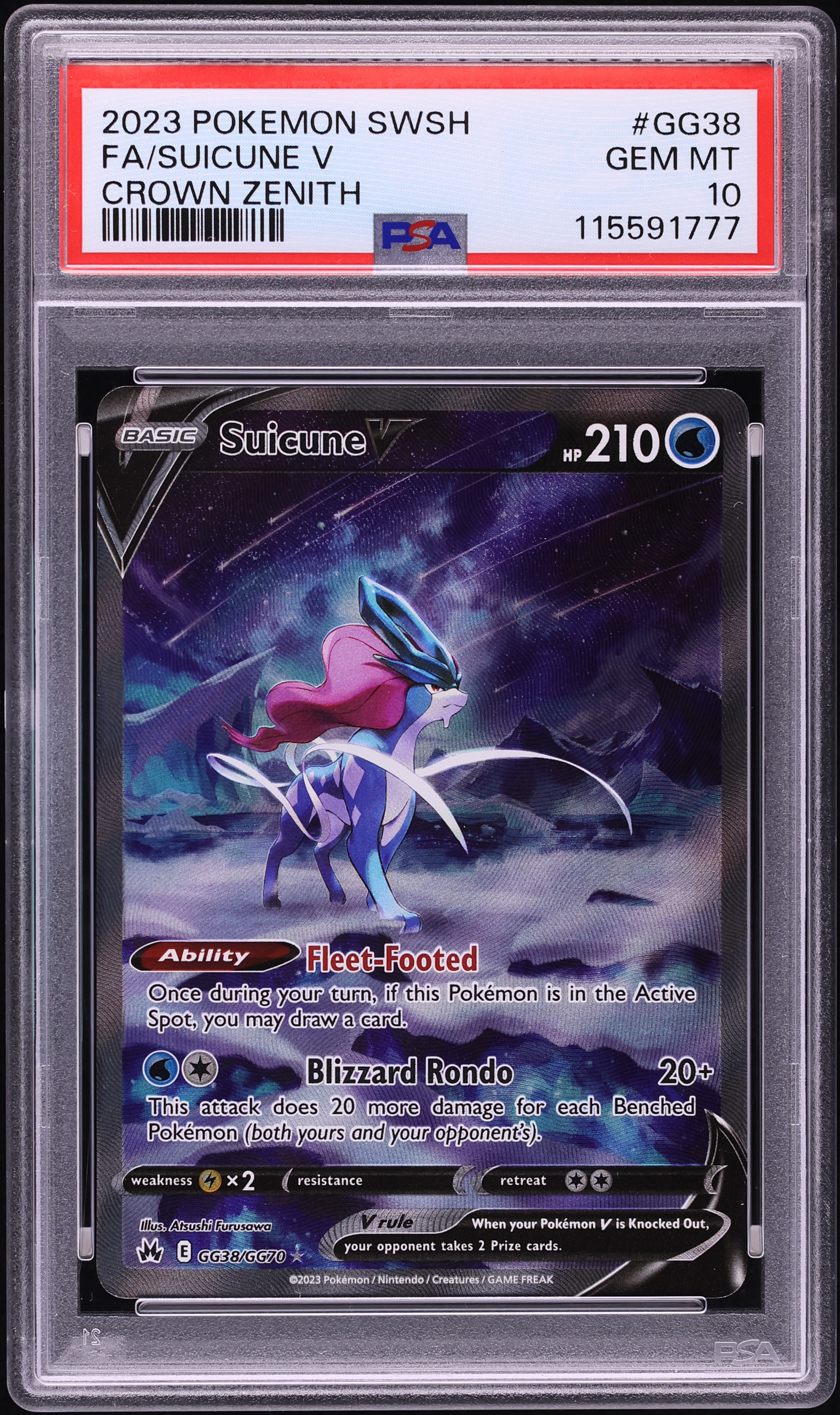 2023 Pokemon Sword & Shield Crown Zenith Full Art Suicune V #GG38 PSA 10 GEM MINT