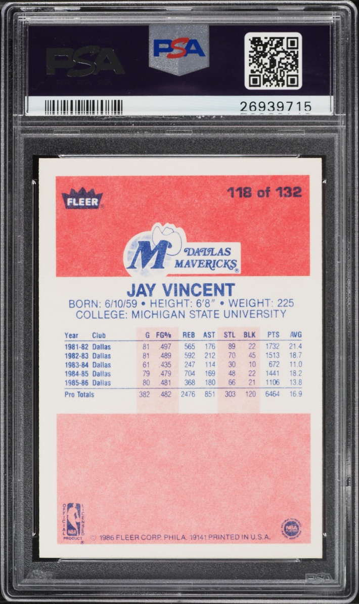 1986 Fleer Basketball Jay Vincent #118 PSA 9 MINT