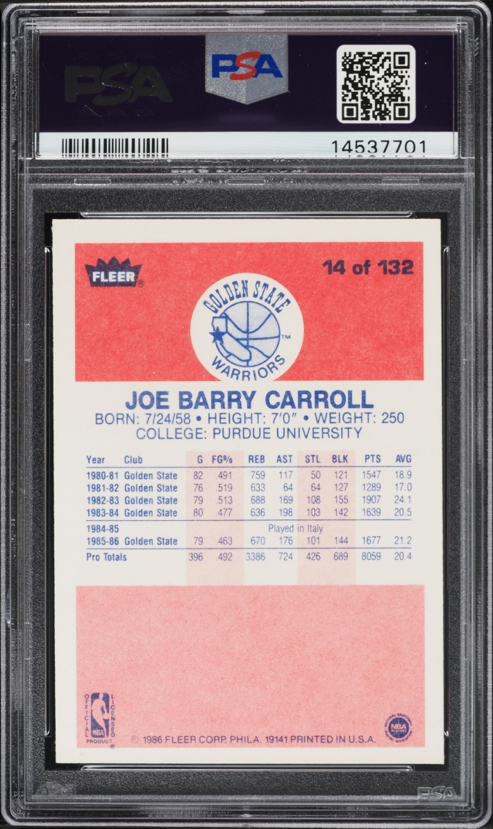 1986 Fleer Basketball Joe Barry Carroll #14 PSA 9 MINT