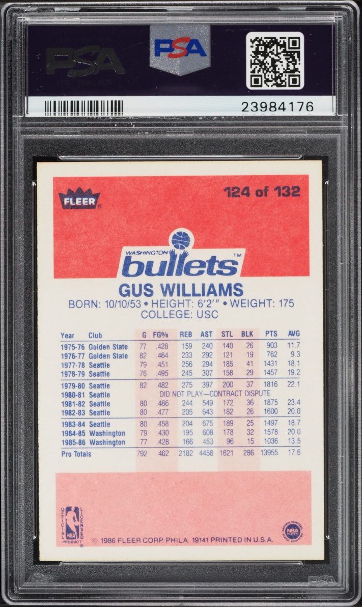 1986 Fleer Basketball Gus Williams #124 PSA 9 MINT