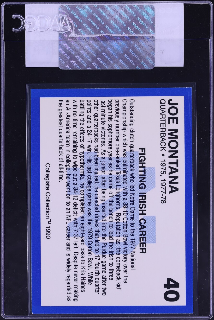 1990 Collegiate Collection Notre Dame Joe Montana #40 CGC AUTH