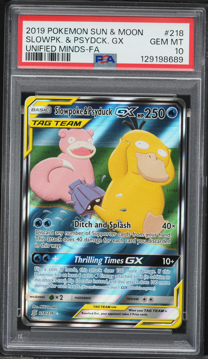 2019 Pokemon Sun & Moon Unified Minds Full Art Slowpoke & Psyduck GX #218 PSA 10 GEM MINT