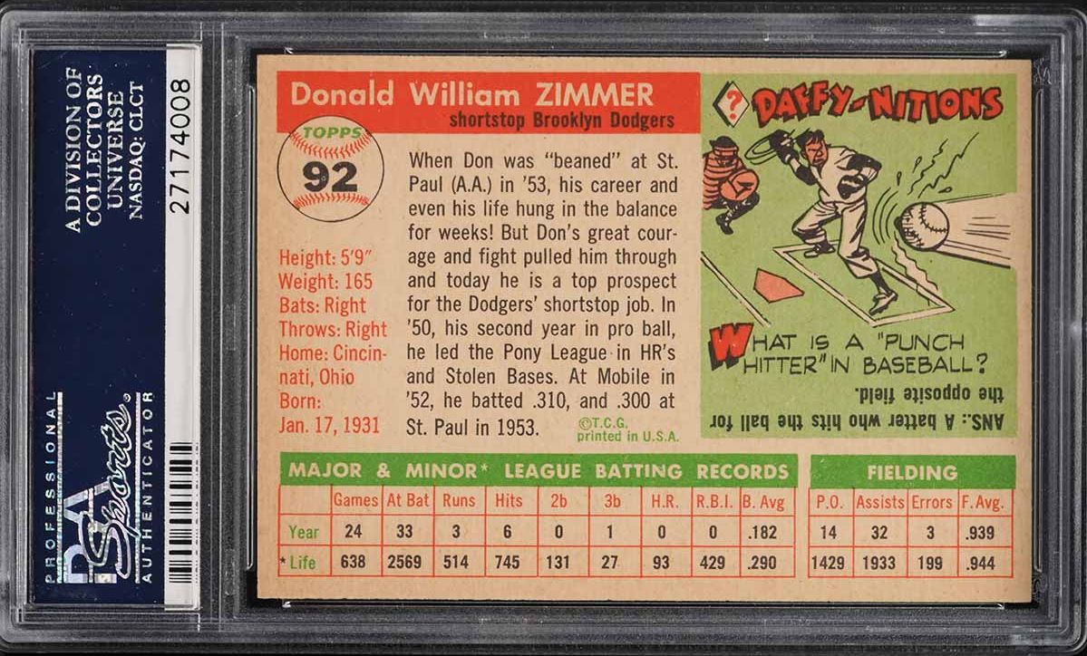 1955 Topps Don Zimmer ROOKIE #92 PSA 8 NM-MT
