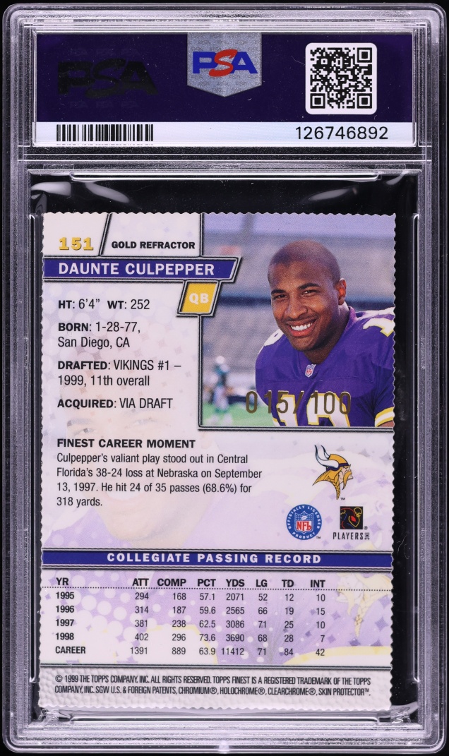 1999 Finest Gold Refractor w/ Coating Daunte Culpepper /100 #151 PSA 8 NM-MT
