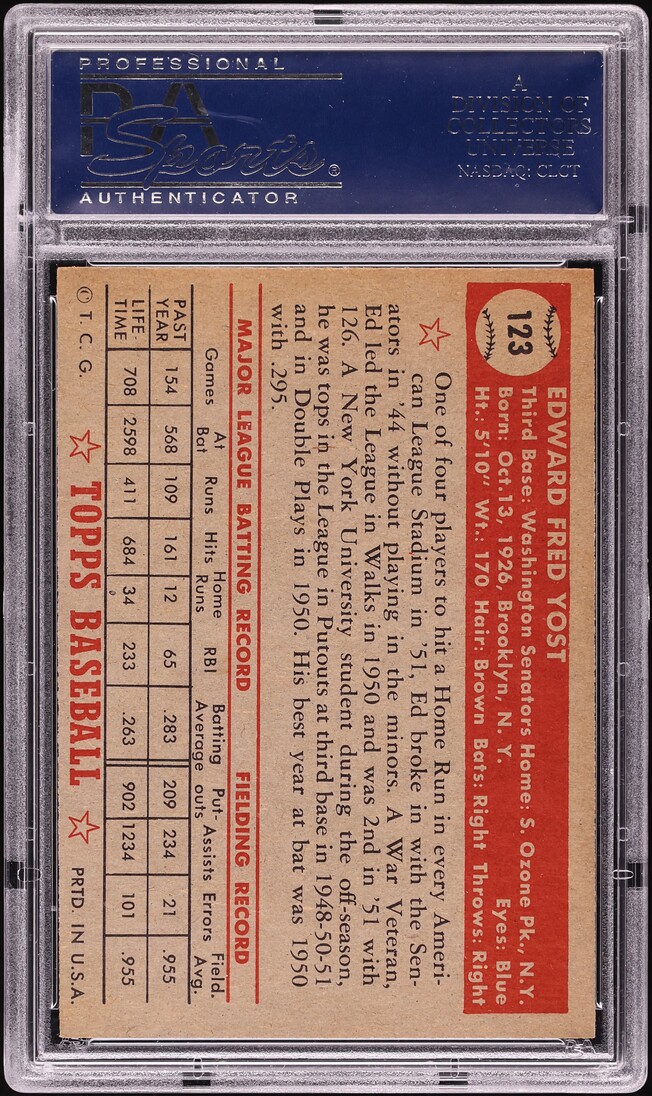 1952 Topps Eddie Yost #123 PSA 9 MINT
