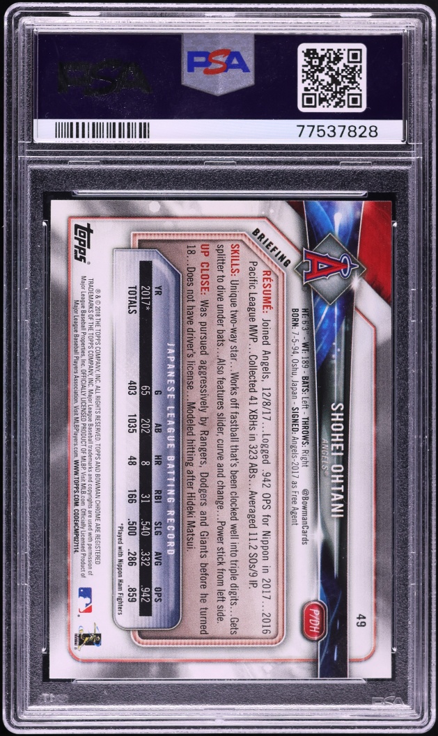 2018 Bowman Shohei Ohtani ROOKIE #49 PSA 9 MINT