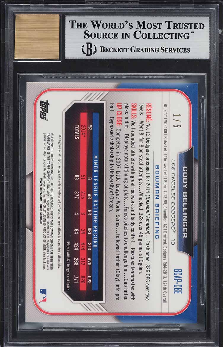 2015 Bowman Chrome Red Refractor Cody Bellinger ROOKIE AUTO 1/5 #BCAP-CBE BGS 9