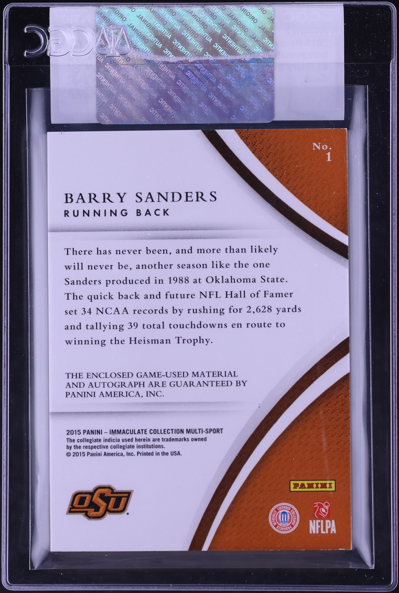 2015 Immaculate Collection Collegiate Gold Barry Sanders PATCH AUTO /5 #1 CGC AUTH - Photo 2