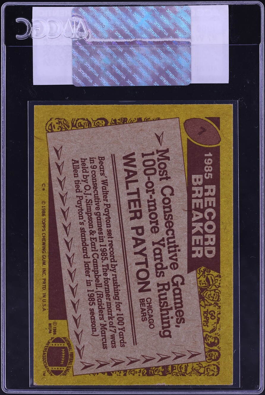 1986 Topps Football Walter Payton '85 RECORD BREAKER #7 CGC AUTH