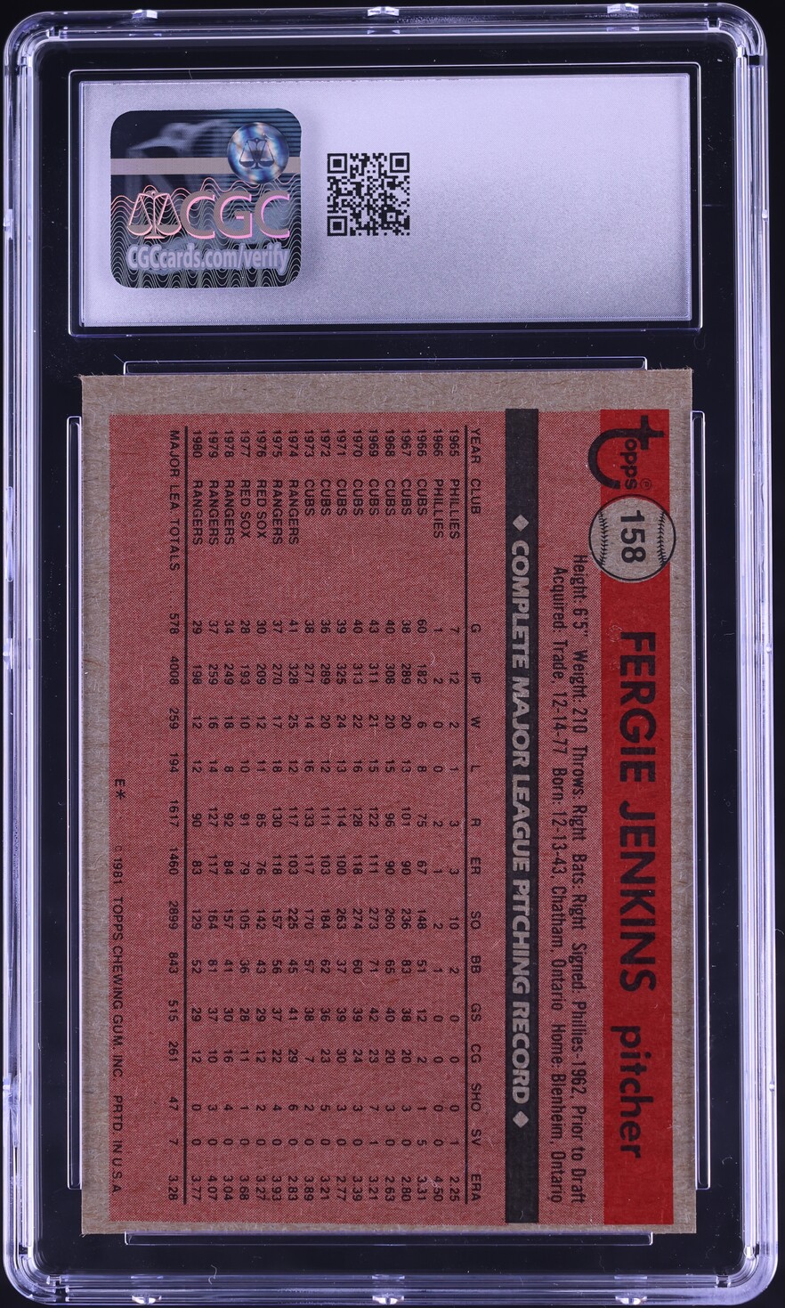 1981 Topps Fergie Jenkins #158 CGC 7 NRMT